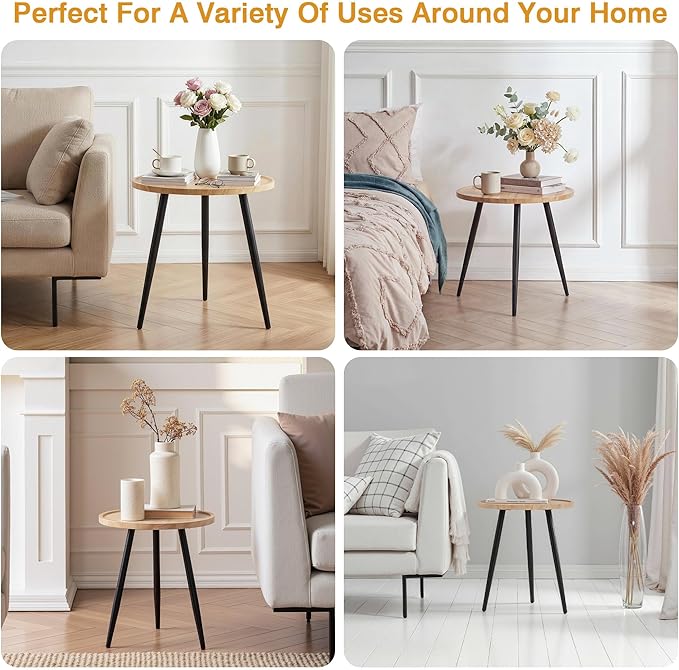 VECELO Modern Side Table, Round Small End Table, Exclusively Designed Hand-Crafted Small Nightstand, Solid Wood,Oak top with Black Metal Legsfor Bedrooms, Living Rooms and Home Office