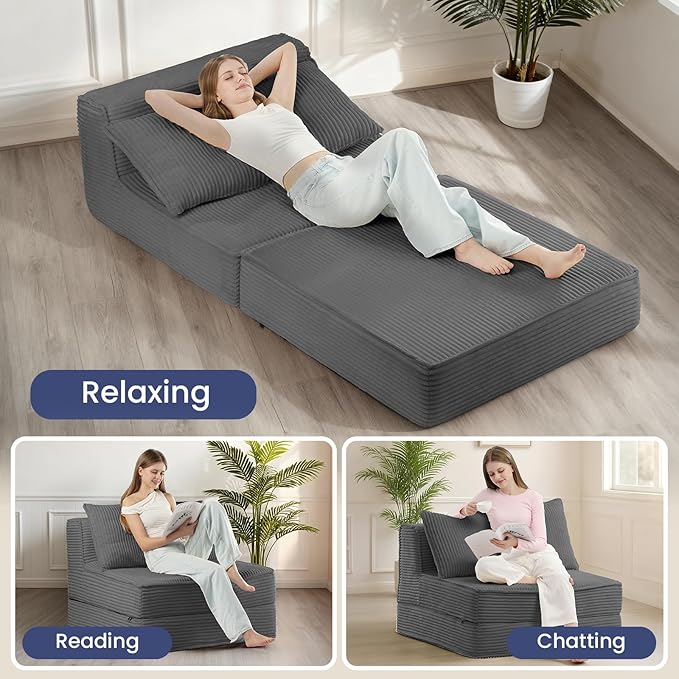 Folding Sofa Bed, Convertible Sleeper Chair with Pillow,Corduroy Comfy Floor Futon for Living Room Bedroom,Modern Accent Reading Chair,No Assembly Required,Grey