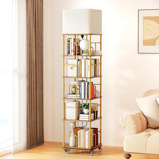 5 Tier Rotating Bookshelf with LED Light 360° Swivel Bookcase with Wheels Space-Saving Tall Corner Shelf Square Floor Standing Shelf Metal and Wood Bookshelves for Bedroom Living Room Office