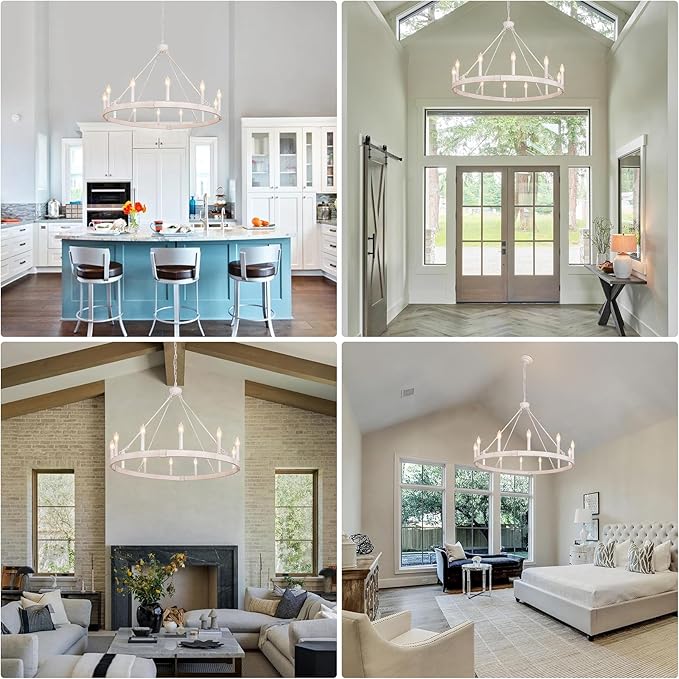 White Wagon Wheel Chandelier 37.4 inch, 12-Light Large Round Industrial White Farmhouse Chandeliers for Living Room Dining Room Foyer Entryway Outdoor Porch High Ceilings