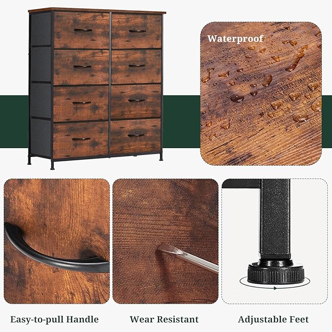 8-Drawer Dresser for Bedroom, Anti-Tip Tall Storage Organizer Chest of Drawers with Wooden Top and Metal Frame Fabric Bins for Closet, Living Room, Hallway, Entryway, Brown
