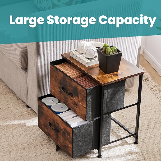 NEWBULIG Nightstand with 2 Fabric Drawers Small Dresser 25 Inch Tall Bedside Table End Table Storage Furniture for Bedroom Closet Entryway College Dorm Brown
