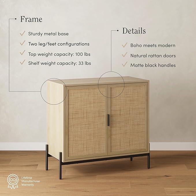 Nathan James Andrew Bohemian TV Stand or Kitchen Sideboard Credenza, Rattan Accent Cabinet with Metal Legs, Light Oak/Matte Black, Set of 3