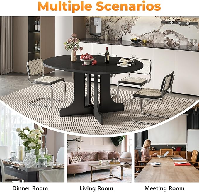 43"-59" Extendable Dining Room Table for 4-6, Expandable Round Dining Table, Oval Tabletop with Trestle X-Shaped Base & Metal Track for Office, Living Room-Black