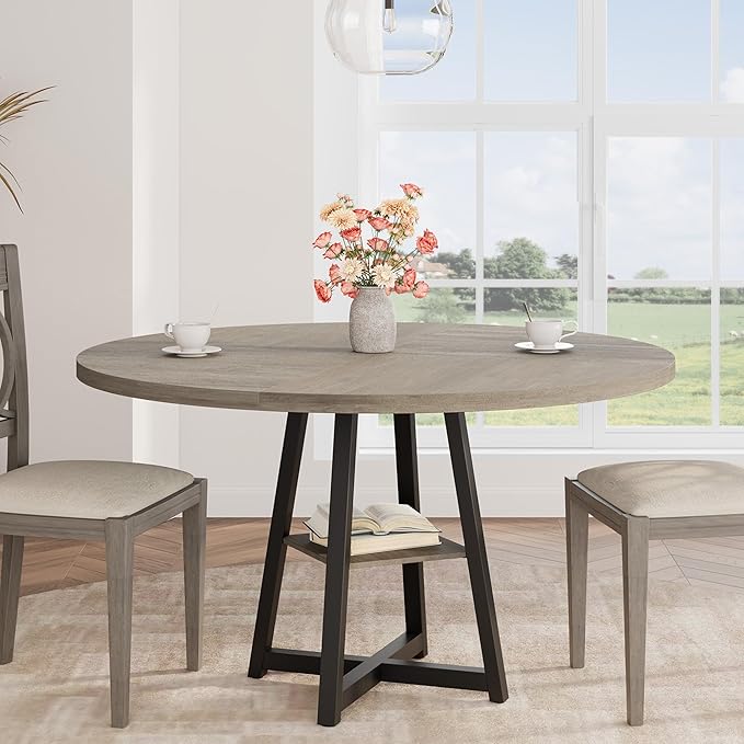 GAOMON 47" Round Dining Table for 4-6 People, Wooden Circle Kitchen Table with Storage Shelf, Industrial Dining Room Table for Kitchen, Dining Room, Save Space