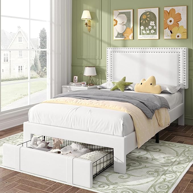 VECELO Twin Platform Bed Frame with Storage Drawer, Adjustable Velvet Rivet Headboard, Wooden Support, No Box Spring Needed, Easy Assembly