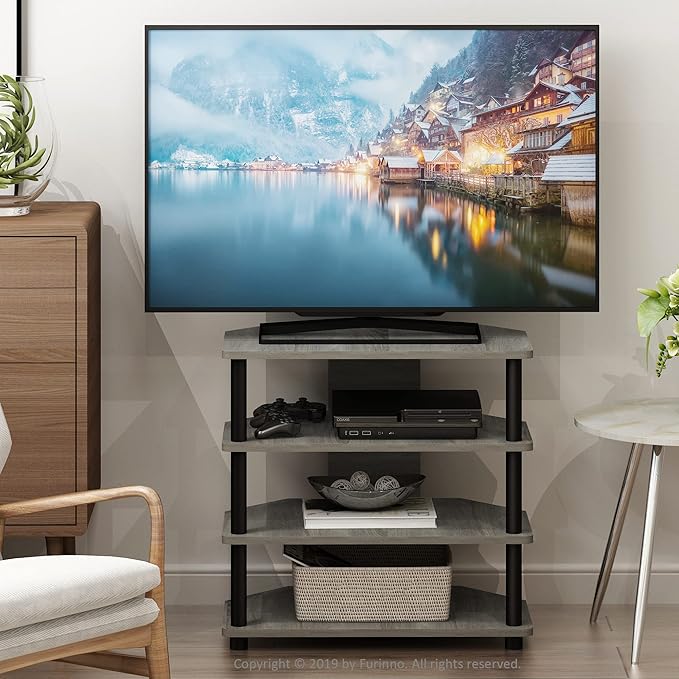 Furinno Turn-N-Tube Easy Assembly 4-Tier Petite Entertainment Center / TV Stand / TV Unit / TV Desk, French Oak Grey/Black