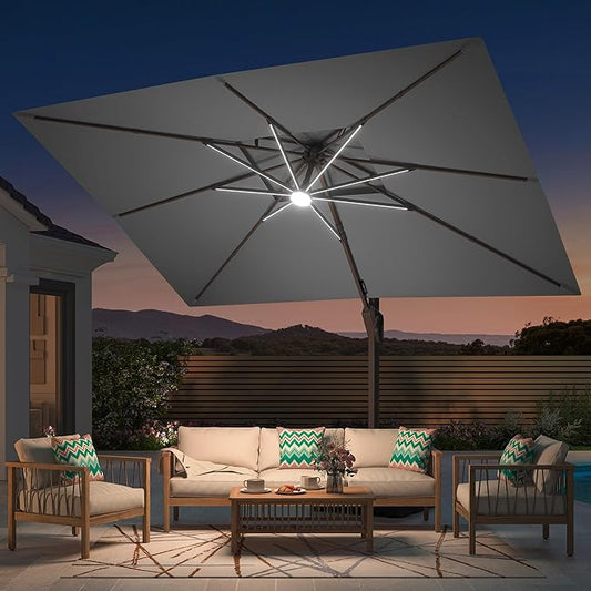 Deconk 10' X 13' Patio Umbrella with LED Lights Outdoor Cantilever Large Rectangle Offset Umbrellas Heavy Duty Aluminum Double Top with 360-degree Rotation for Pool Garden Deck, Grey