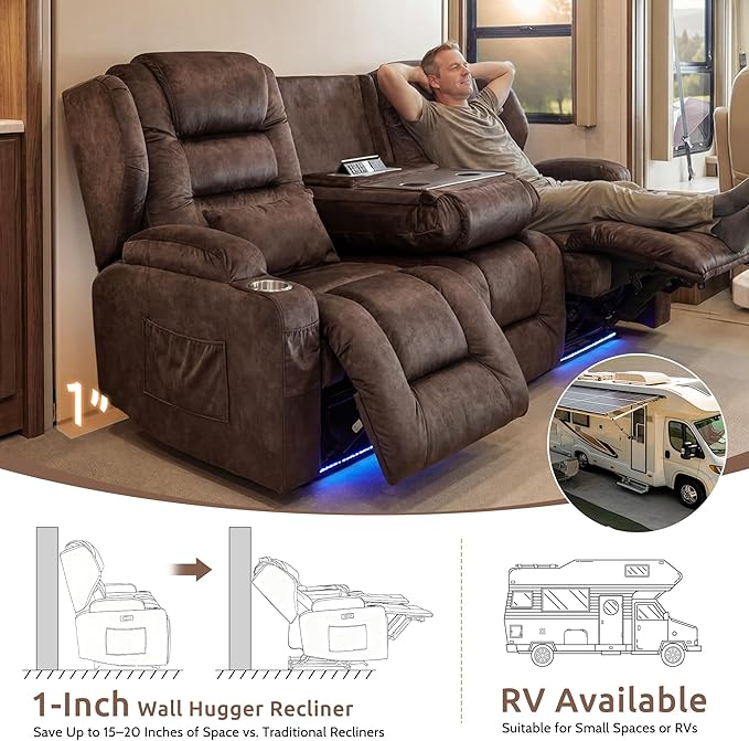 SAMERY Power Loveseat Recliner Sofa, Wall Hugger Reclining Loveseat Sofa, Movie Home Theater Seating with Flip-Backrest, Solid Wood Top, Ambient LED Lights, USB-C, Outlets, Velvet, Chestnut | Extra Wide Seat, Plush Padding, Dual Power Recline, Flip-Dow...