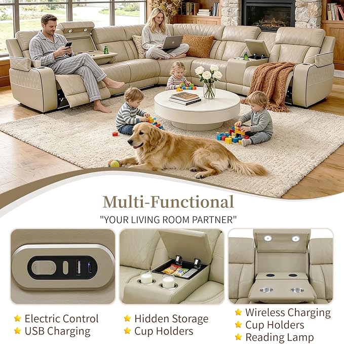 Power Reclining Sofa Set with LED Light, Living Room Furiture Set,Leather Reclining Sectional Couch with USB Port/Cup Holder for Living Room Home Office