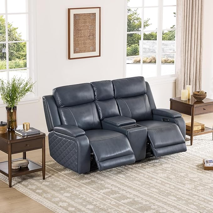 Watson & Whitely Genuine Leather Power Loveseat Recliner Sofa, Zero Gravity Reclining Sofa with Console, Power Headrest & Wireless Charging, Cup Holder, 2-Seater Recliner for Living Room, Navy Blue