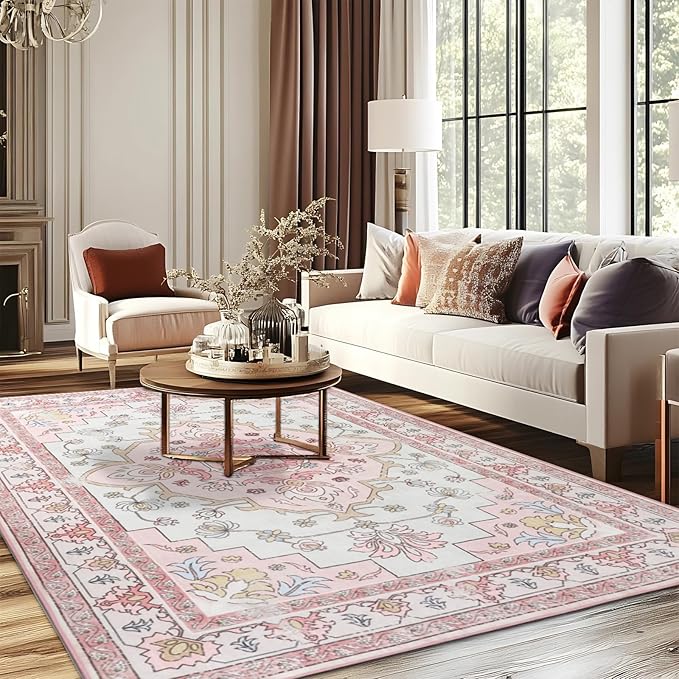 MOSISO 5x7 Area Rug for Living Room, Washable Area Rug, Non-Slip Vintage National Area Rugs, Low Pile Carpet, Faux Wool Rectangular Area Rugs Carpet for Living Room Bedroom Dining Room, Home, Pink