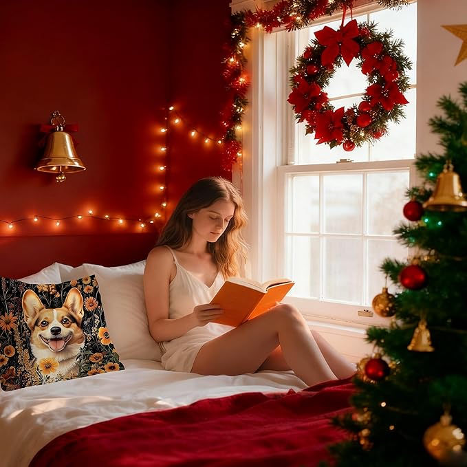 William Morris Inspired-Vintage Floral Corgi Pillow Covers 18x18, Corgi Lovers Mom Gifts, Moody Dark Cottagecore Botanical Corgy Dog Decorative Pillow Covers for Home Living Room Bedroom
