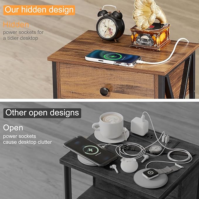 VECELO Nightstand, Bedside End Tables with Charging Station, USB Ports, Drawer Shelf, Night Stand for Bedroom Living Room 2-Pack, Brown