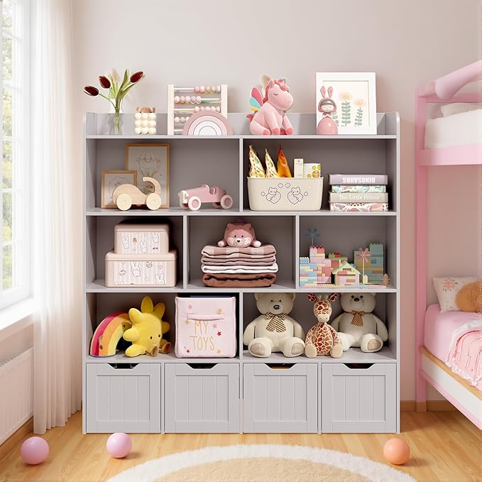 Gizoon Toy Storage Cabinet and Kids Bookcase with 4 Movable Drawers and 8 Open Shelves Toy Chest Shelf Organizer with Hidden Wheels for Playroom Nursery Kids Room, Grey