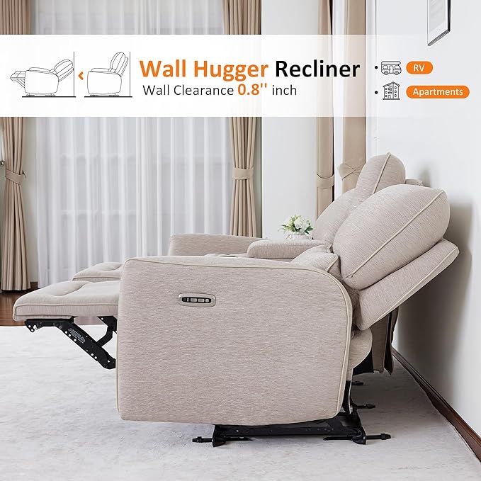 MCombo 75" Wall Hugger Power Loveseat Recliner Sofa with Console and Adjustable Headrest, RV Reclining Loveseat with USB Ports for Living Room 6926 (Beige, Loveseat with Console)