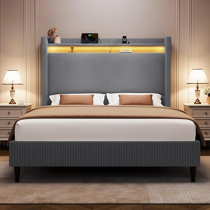 Queen Bed Frame with Tall Headboard, 55.3" Upholstered Platform Bed with LED Lights & Charging Station, Elegant Corduroy Bedframe, 2-tier Storage Wingback Headboard, No Box Spring Needed, Dark Grey