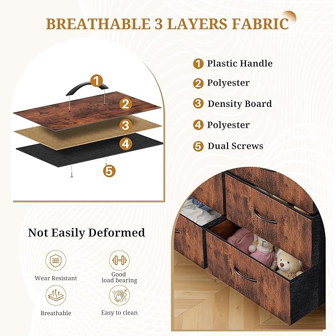 Dresser with 9 Drawers for Bedroom, Fabric Clothes Cabinet for Closet, Anti-Tip Storage Dresser with Metal Frame for Living Room, Entryway, Dorm, Brown