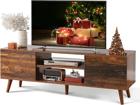 WLIVE Mid-Century Modern TV Stand for 55/60 Inch TV, Entertainment Center with Storage & Adjustable Shelves, Media Console with Soft-Close Cabinets for Living Room/Bedroom, Retro Brown