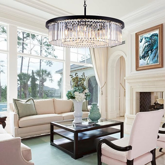Wellmet Crystal Chandeliers for Dining Room,9 Lights Modern Black Crystal Pendant Light,Farmhouse Chandelier for Bedroom,Ceiling Lighting Fixture for Kitchen Island,Living Room,Hallway,W-33.46”