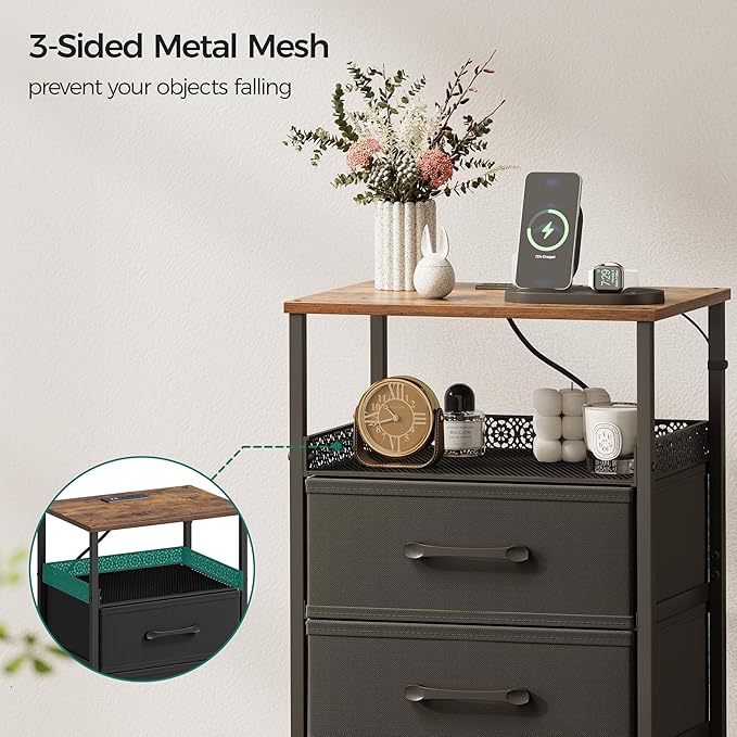 Nightstand Set of 2, Night Stands with Charging Station, 26.4 Inch Tall Bedside Table with Metal Shelf, Modern Side End Table with 3 Fabirc Drawers, Small Dresser for Bedroom, Rustic Brown