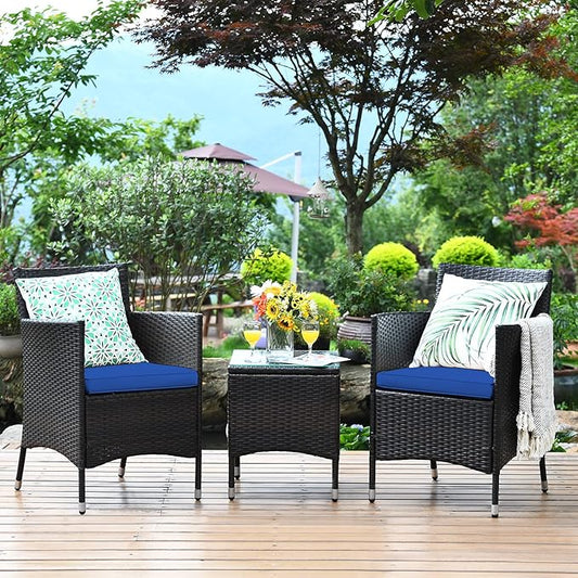 Tangkula Patio Furniture Set 3 Piece, Outdoor Wicker Rattan Conversation Set with Coffee Table, Chairs & Thick Cushions, Suitable for Patio Garden Lawn Backyard Pool (Navy)