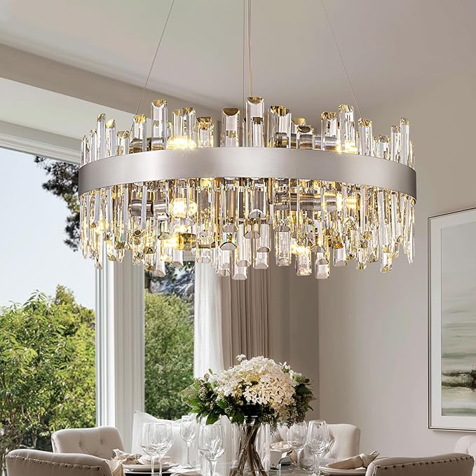 Crystal Chandelier for Dining Room, 12-Light Chrome Silver Round Chandelier, 23.6-inch K9 Crystal Raindrop Ceiling Light, Luxury Flush Mount Light Fixture for Kitchen Living Room