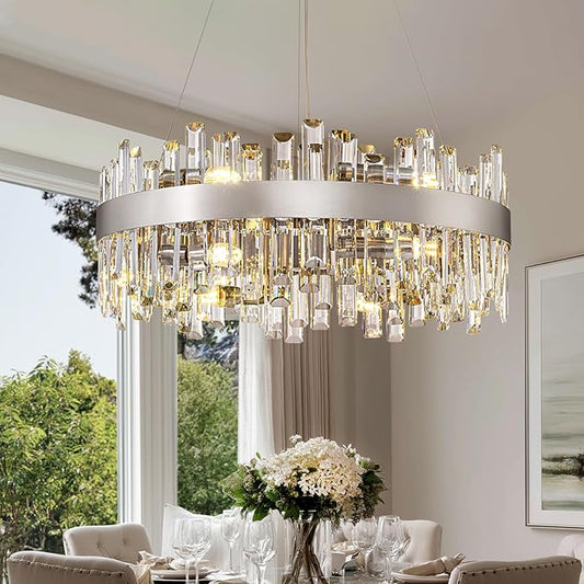 Crystal Chandelier for Dining Room, 12-Light Chrome Silver Round Chandelier, 23.6-inch K9 Crystal Raindrop Ceiling Light, Luxury Flush Mount Light Fixture for Kitchen Living Room