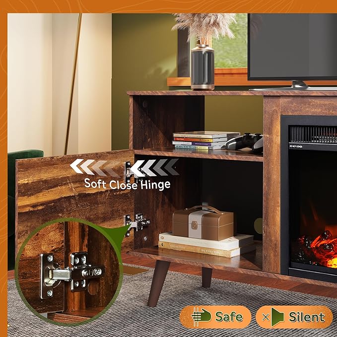 WLIVE Fireplace TV Stand for 55 65 Inch TV, Mid-Century Entertainment Center with Electric Fireplace, Media TV Console with Extra Open Shelf & Storage Cabinets for Living Room Bedroom, Rustic Brown