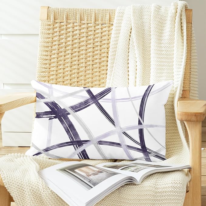 CaliTime Throw Pillow Cases Pack of 2 Cozy Fleece Arc-Shaped Abstract Geometric Lines Decorative Cushion Covers for Couch Bed Sofa Farmhouse Decoration 12 X 20 Inches Deep Purple Grey