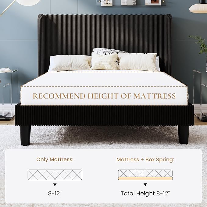 SHA CERLIN Full Size Corduroy Upholstered Platform Bed Frame with Vertical Channel Tufted Wingback Headboard, 8" Under Bed Storage, Wooden Slats & Metal Frame Support, Easy Assembly, Black