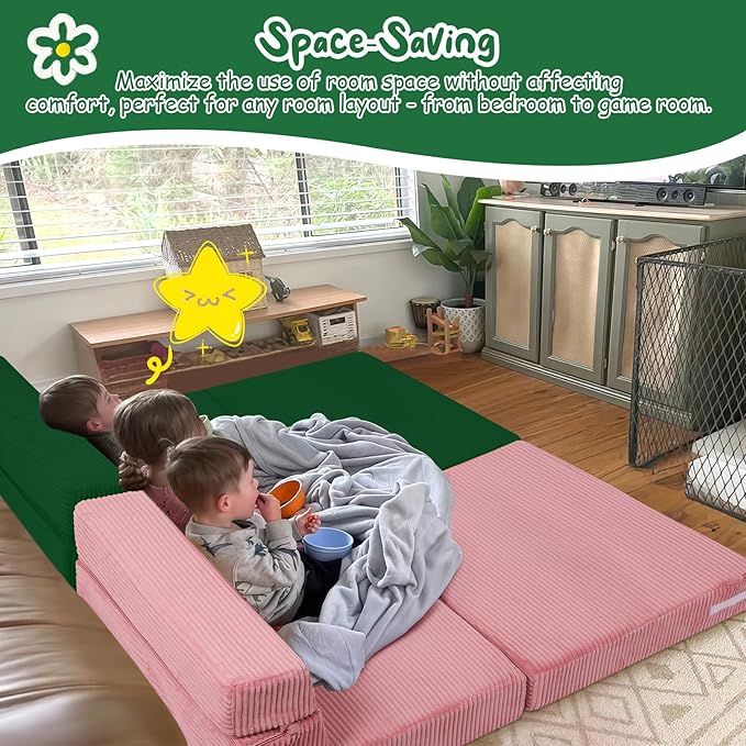 MeMoreCool Folding Sofa for Kids, Corduroy Fold Out Futon Chair, Small Foldable Floor Mattress, Portable Children Couch Sofa, Green