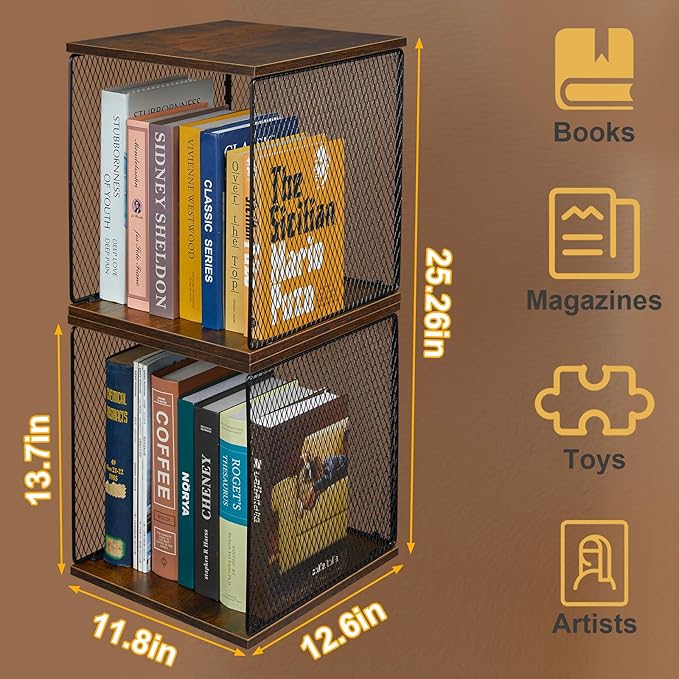 2 Cube Organizer Bookshelves DIY Variable Stackable Cube Storage Organizer for Kid Bedroom,Living Room,Small Bookshelf Black Brown Wooden,No Vinyl Storage