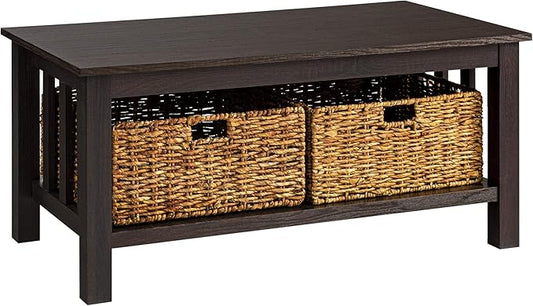 Walker Edison Alayna Mission Style Two Tier Coffee Table with Rattan Storage Baskets, 40 Inch, Espresso