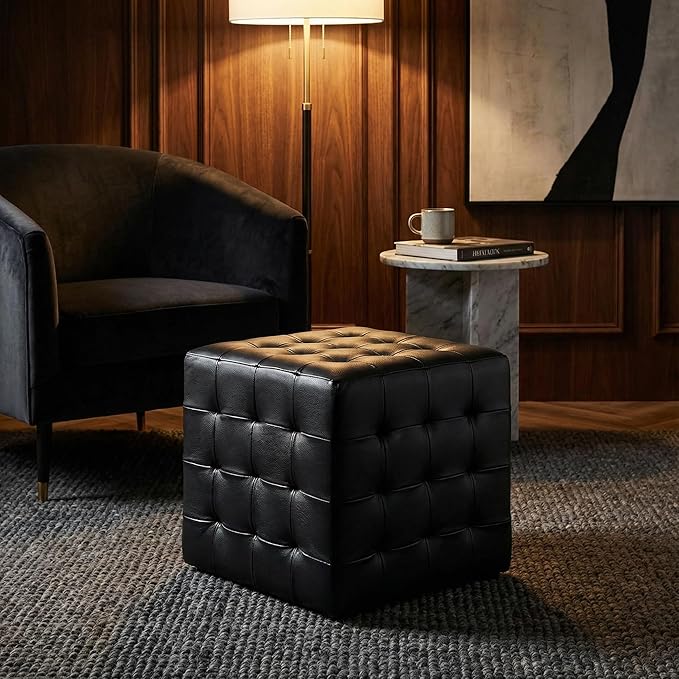 Cortesi Home Charli Tufted Cube Ottoman in 100% Genuine Leather, Black