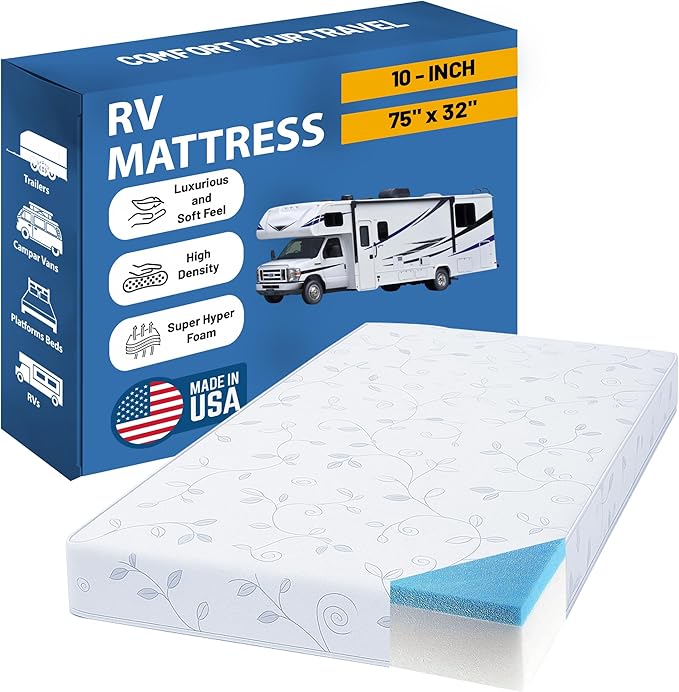 Greaton, 10-Inch High-Density Cooling Gel Memory Foam RV Mattress Replacement, Medium Firm, Good for Trailers, Camper Vans, Sofa Bed and Other Furniture Application, 75" x 32", White