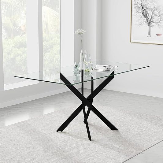Tempered Glass Dining Table with Black Metal Legs, 47in Modern Rectangular Kitchen Table for Kitchen Dining Room Home Office (47.24 * 27.55, Black)
