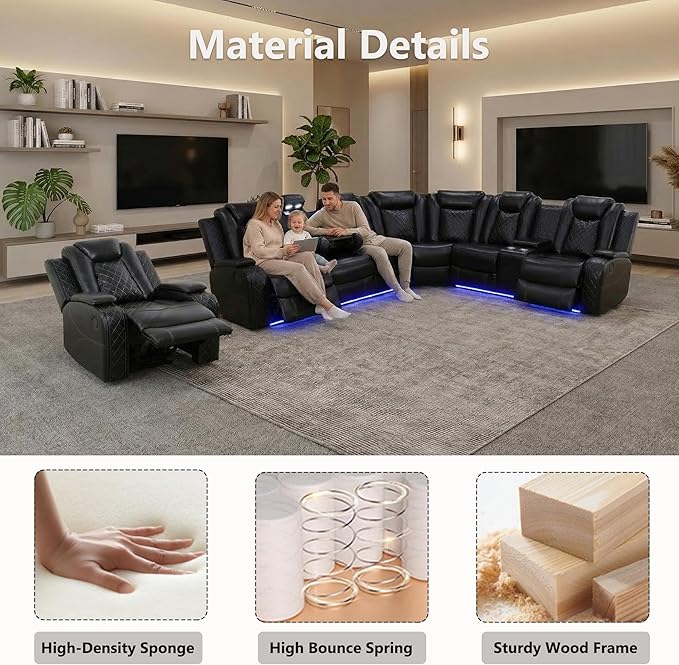 Air Leather Recliner Sectional Sofa Set, Power Reclining Sectional Couch for Living Room, L Shaped Recliner Corner Couch and Single Chair with LED Lighting, USB Port&Storage (Black)