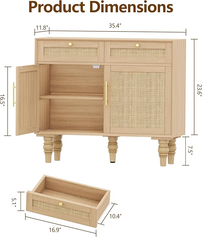35.4" Rattan Buffet Sideboard Cabinet with Storage, Boho Buffet Table with Adjustable Shelf & 2 Drawer, Floor Storage Cabinet with Solid Wood Legs for Kitchen, Dining Room and Living Room, Natural