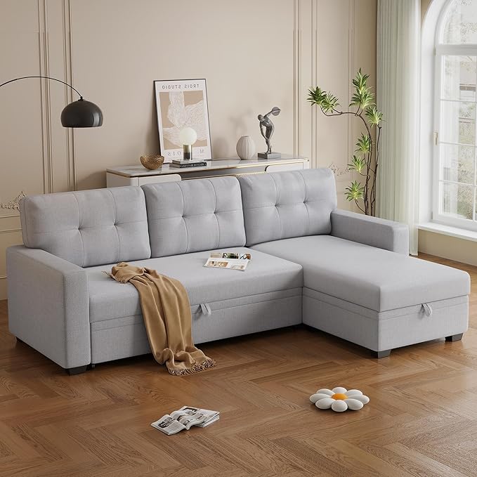 82" L-Shape Convertible Sleeper Sectional Sofa with Storage Chaise and Pull-Out Bed,Modular Corner Couch Lounge,w/Removable 3 Back Cushions and Armrest,for Home Furniture,Light Gray