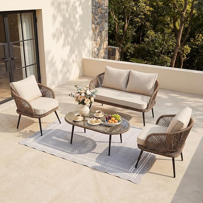 Tribesigns 4-Piece Outdoor Patio Furniture Set, Rattan Wicker Conversation Furniture Set with Removable Cushions and Glass Coffee Table for Garden, Pool, Porch, Balcony (Brown)