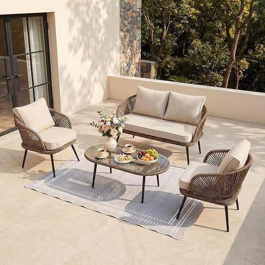 Tribesigns 4-Piece Outdoor Patio Furniture Set, Rattan Wicker Conversation Furniture Set with Removable Cushions and Glass Coffee Table for Garden, Pool, Porch, Balcony (Brown)