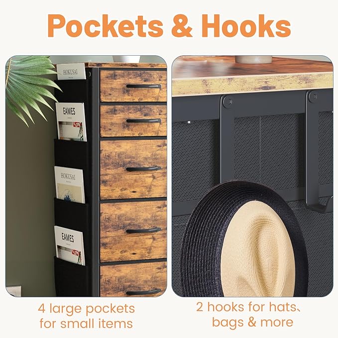 HCHQHS Dresser for Bedroom with 13 Drawers, 47 Inch Fabric Dresser with Remote Control Lights, Side Pockets & Hooks for Closet or Large TV Stand (Rustic Brown)