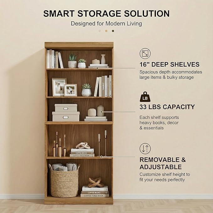 Casaphoria 6 Tier Wooden Bookshelf, 72" H Tall Book Shelf with Adjustable Shelves, Wide Bookshelf with 16" Deep Storage Space for Living Room,Bedroom & Home Office