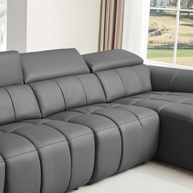 KEIKI 145" L-Shaped Genuine Leather Wall-Hugger Reclining Sofa with Right Chaise, Adjustable Backrest & Footrest, Modern Style Electric Control 4-Seater Couch with USB, for Living Room, Dark Grey