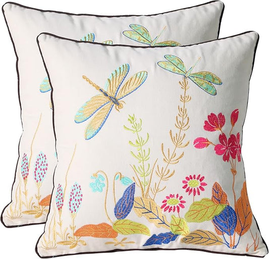 Set of 2 Embroidered Decorative Throw Pillow Covers Couch Square Pillowcases Cushion for Bedroom Sofa Farmhouse Decor 18x18 Inch (Dragonfly)