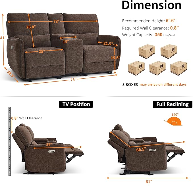 MCombo 75" Wall Hugger Power Loveseat Recliner Sofa with Console and Adjustable Headrest, RV Reclining Loveseat with USB Ports for Living Room 6926 (Brown, Loveseat with Console)