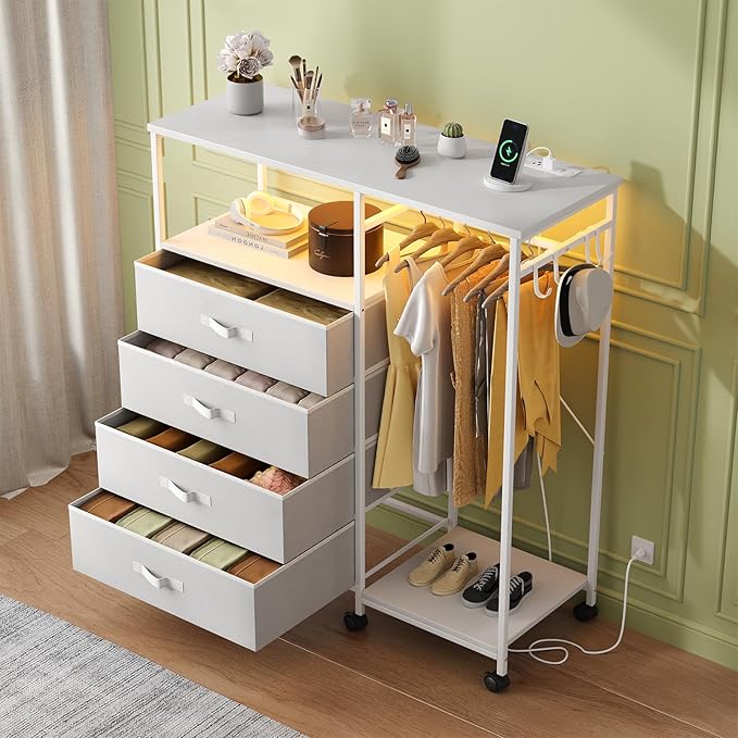 Fabric Dresser with Clothes Rack, 4 Drawers Dresser for Bedroom with Charging Station and LED Lights, Chest of Drawers with Wheels, Steel Frame, Wood Top, for Bedroom, Closet, White