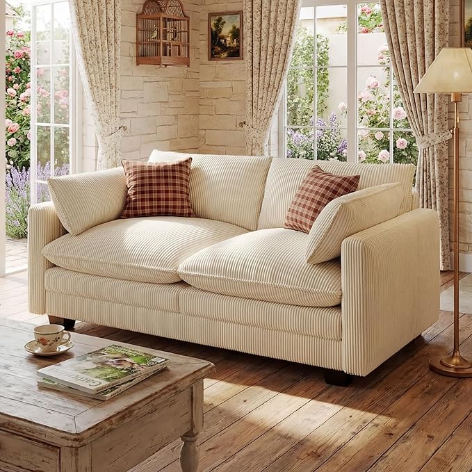 Gizoon 75” Small Cloud Loveseat Couches for Living Room, 2 Seater Love Seat Sofa with Comfy Deep Seat, Small Washable Couches with Removable Corduroy Cover for Apartment, Beige