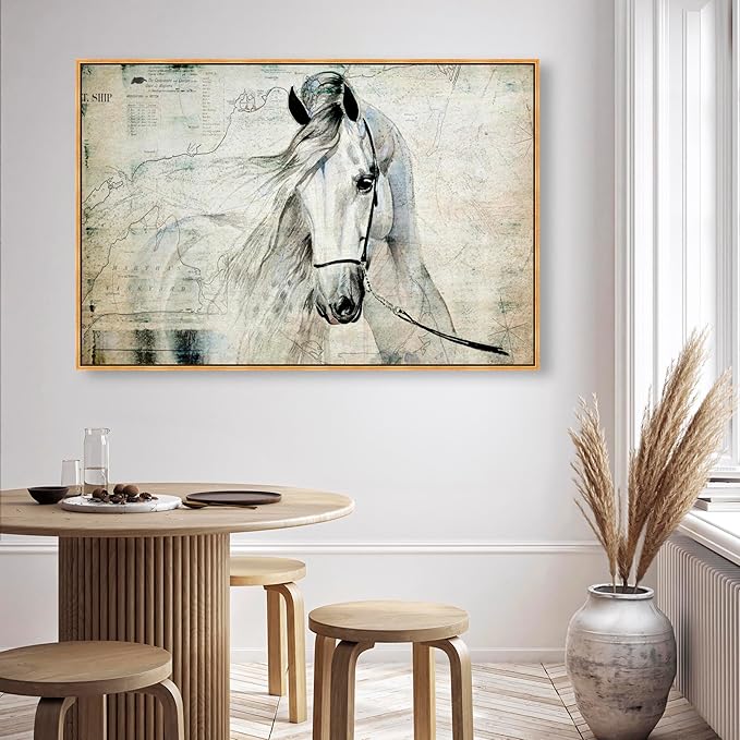 Country Farmhouse Canvas Print Painting Animal Wall Art 'Southern White Horse' Gold Framed Canvas Rustic Home Décor 54x36 in Gray, Brown by Oliver Gal